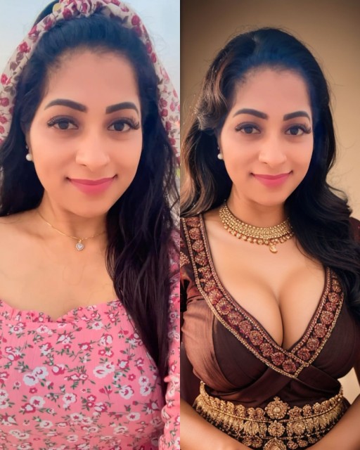 Deepthi Kapil low neck blouse cleavage